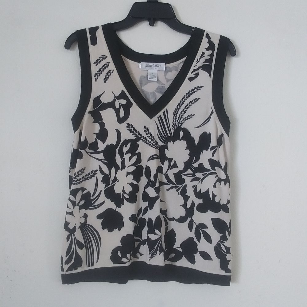 Judith Hart Womens Silk Blend Knit Sweater Vest, Size L Tan Black Floral Print